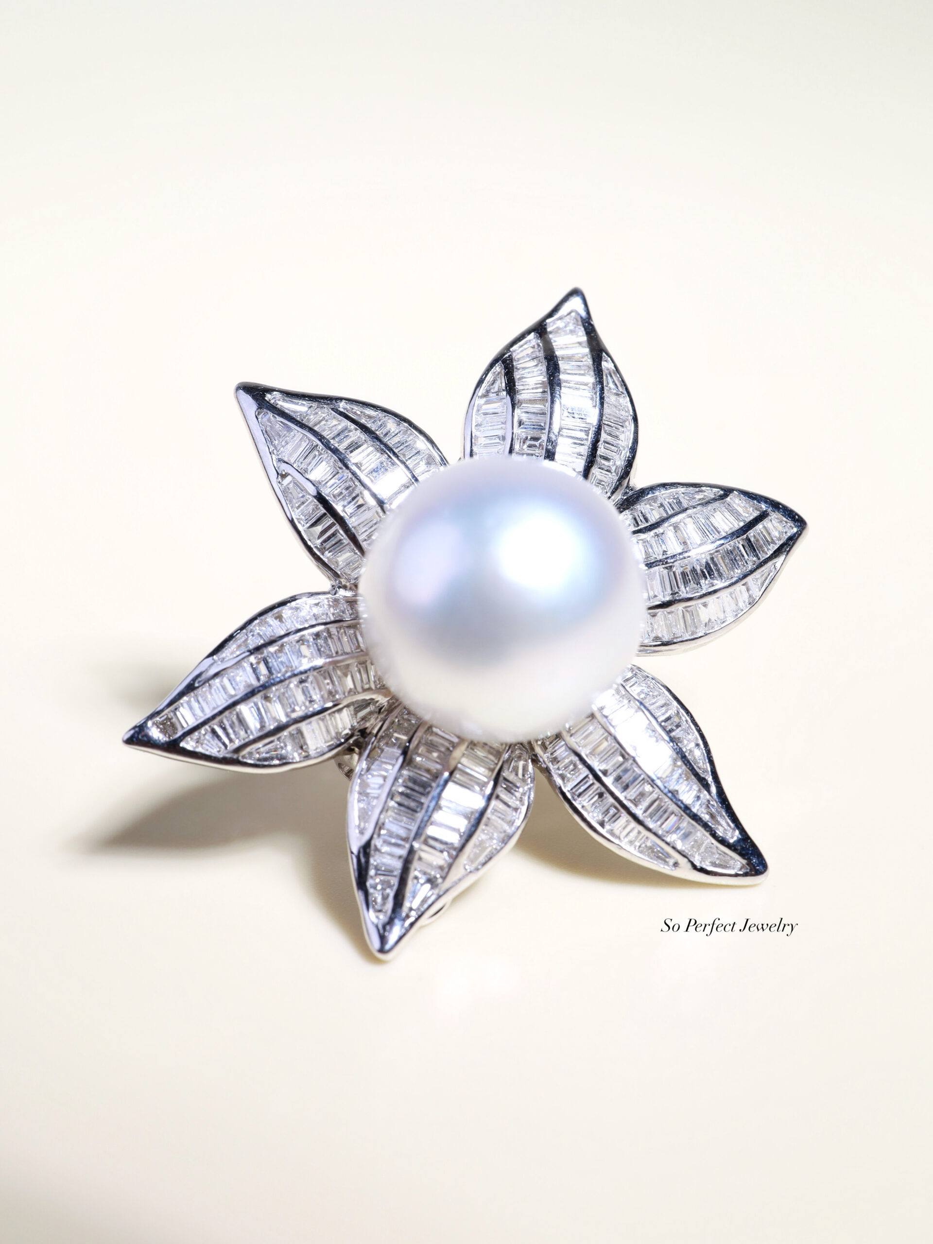 15 mm South Sea Pearl and Diamond Floral Pendant Brooch in 18K White Gold