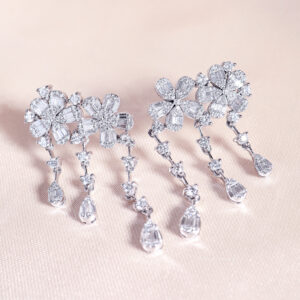 3.37 Carat Floral Diamond Chandelier Earrings in 18K White Gold