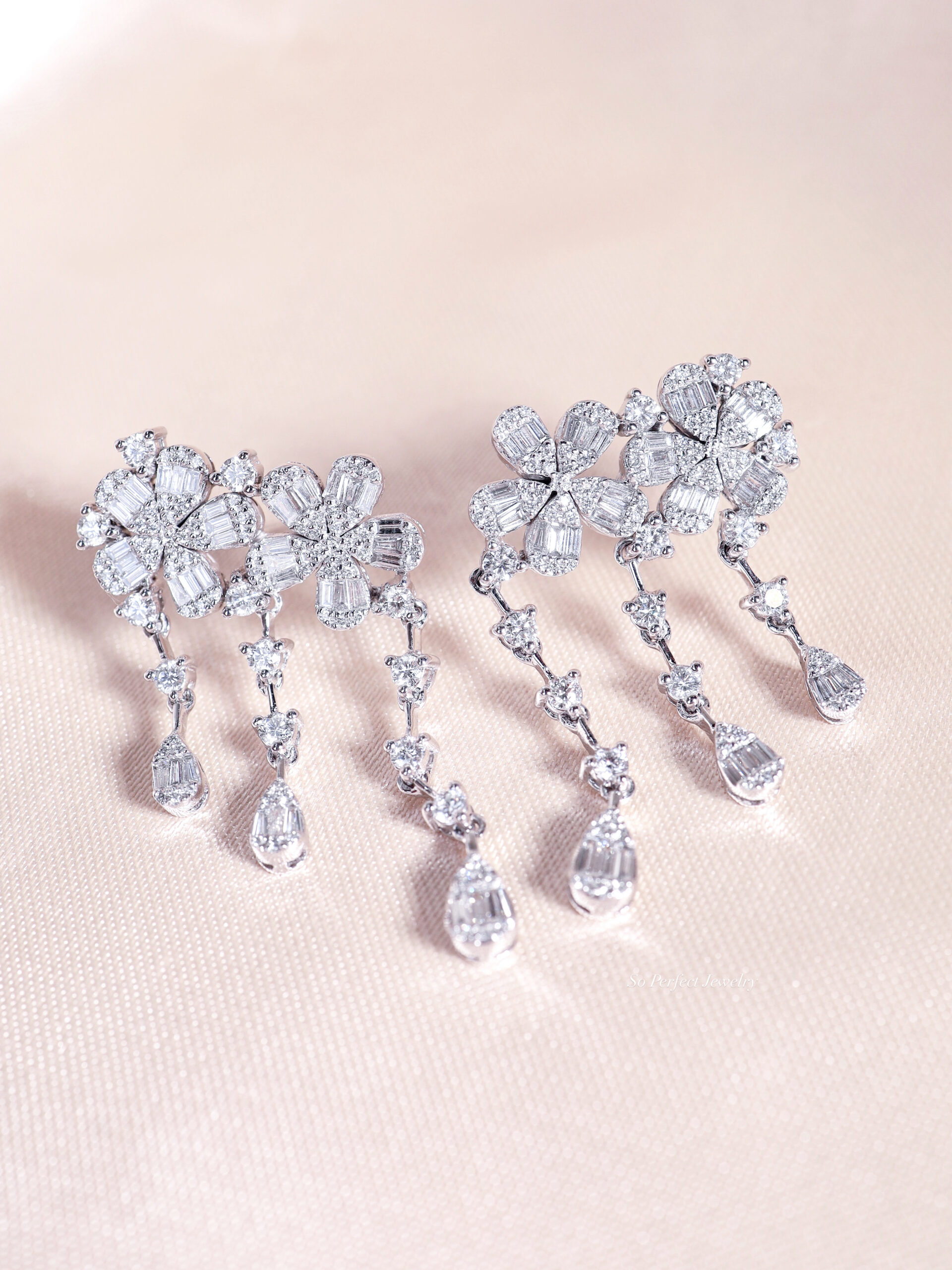 3.37 Carat Floral Diamond Chandelier Earrings in 18K White Gold