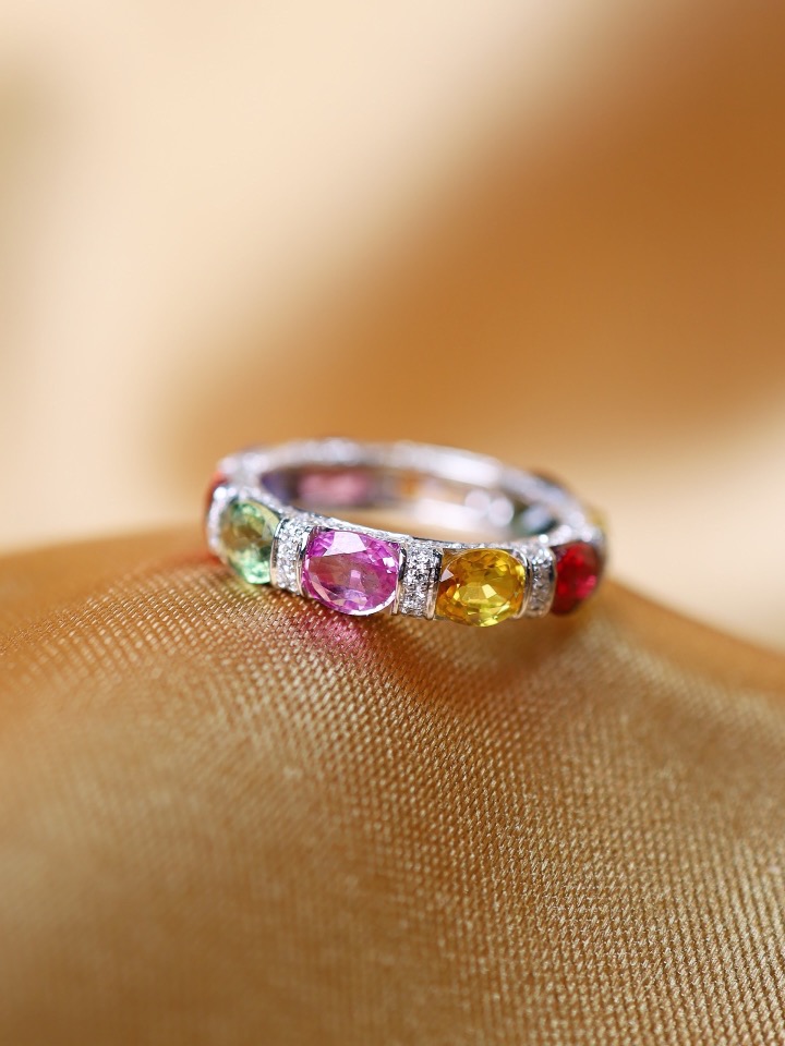 5.28 Carat Rainbow Ceylon Sapphire and Diamond Eternity Ring in 18K White Gold - Image 3