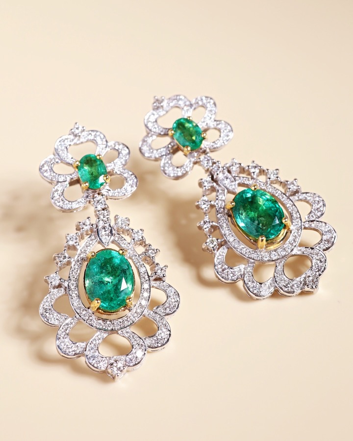 7.51 Carat Zambian Emerald and Diamond Floral Chandelier Earrings - Image 9