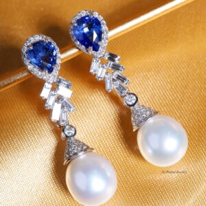 Ceylon Blue Sapphire, South Sea Pearl and Diamond Drop Earrings