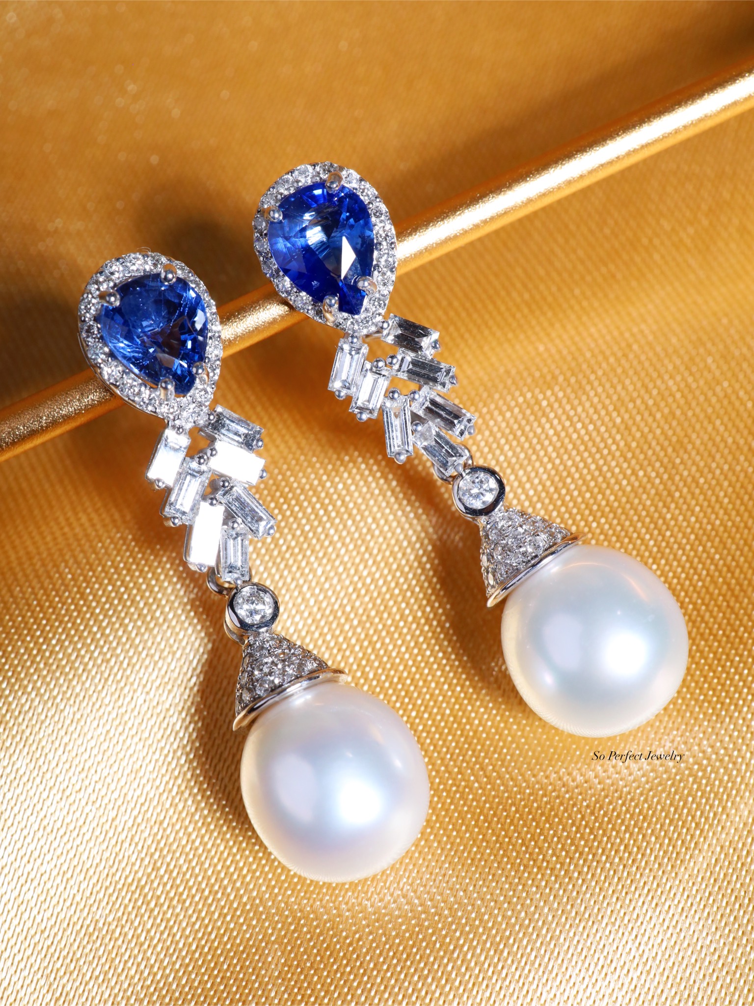 Ceylon Blue Sapphire, South Sea Pearl and Diamond Drop Earrings