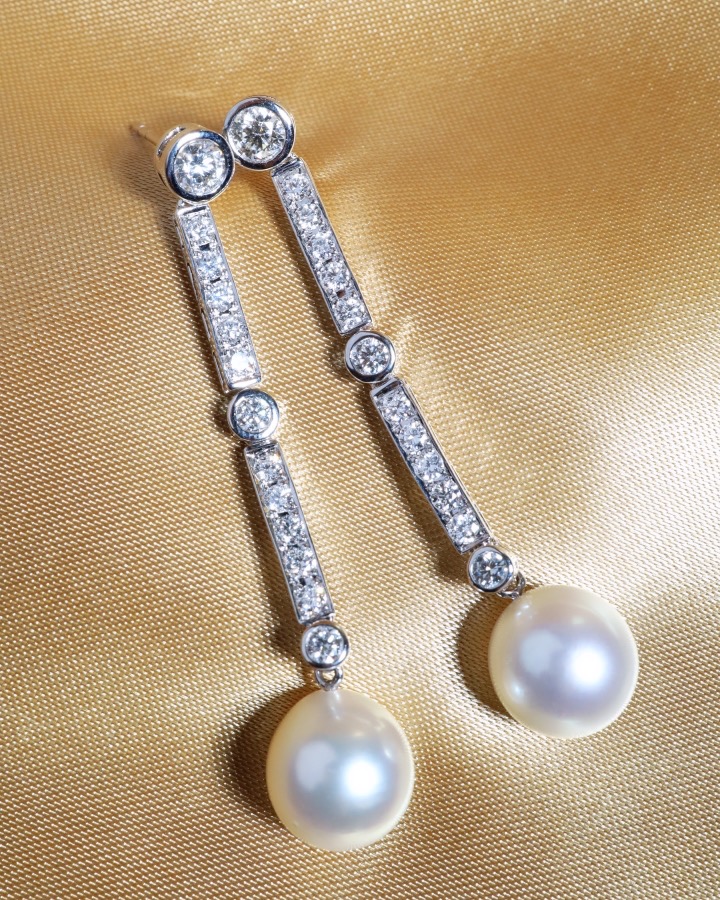 11 mm South Sea Pearl and Diamond Art Deco Drop Earrings in 18K White Gold - Image 3
