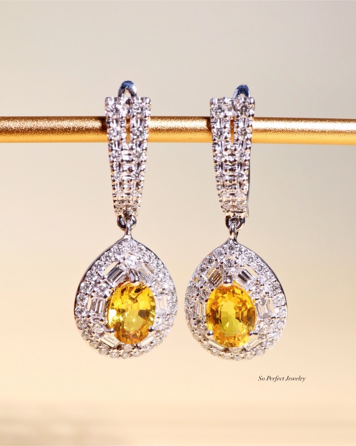 2.84 Carat Thai Yellow Sapphire and Diamond Drop Earrings in 18K White Gold - Image 4