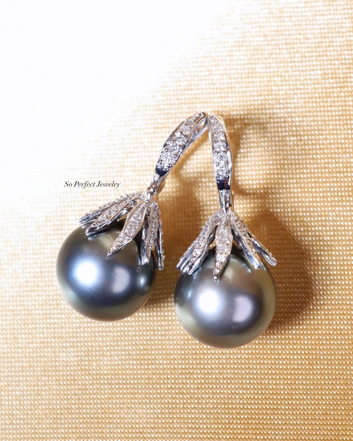 13 mm Tahitian Pearl and Diamond Drop Earrings in 18K White Gold - Image 7