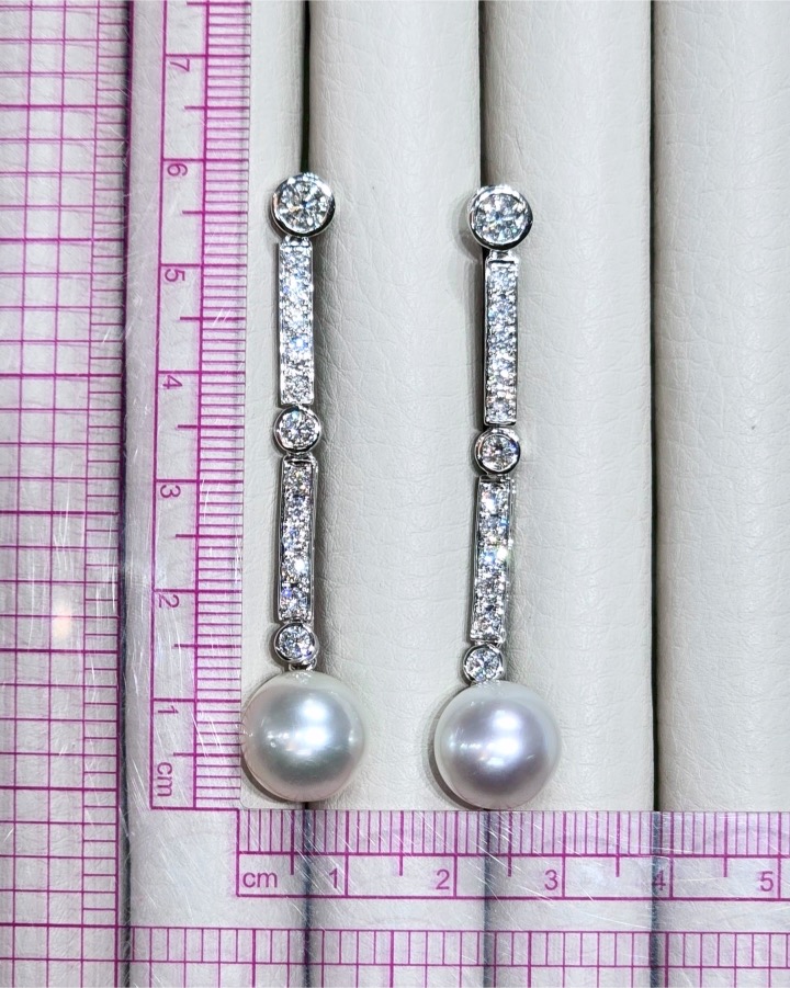 11 mm South Sea Pearl and Diamond Art Deco Drop Earrings in 18K White Gold - Image 10