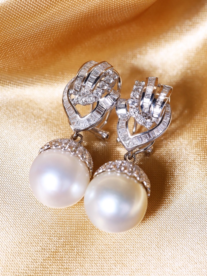 14 mm Australian South Sea Pearl and Diamond Drop Earrings in 18K White Gold - Image 9