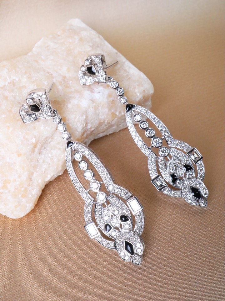 3.46 Carat Diamond and Black Enamel Art Deco Drop Earrings - Image 7