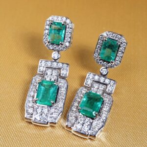 5.90 Carat Zambian Emerald and Diamond Art Deco Drop Earrings in 18K White Gold