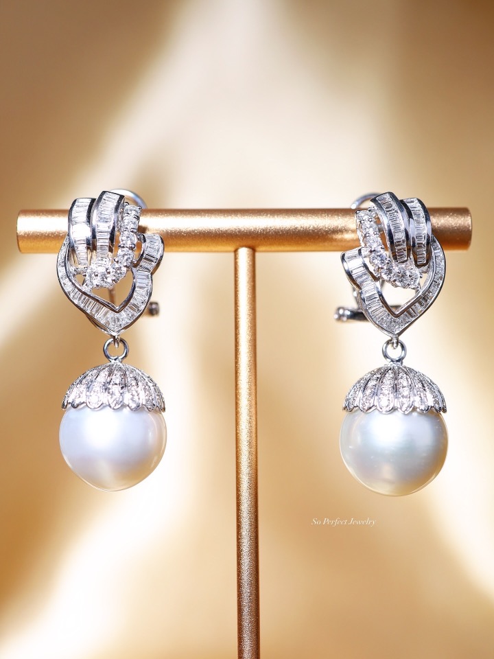 14 mm Australian South Sea Pearl and Diamond Drop Earrings in 18K White Gold - Image 10