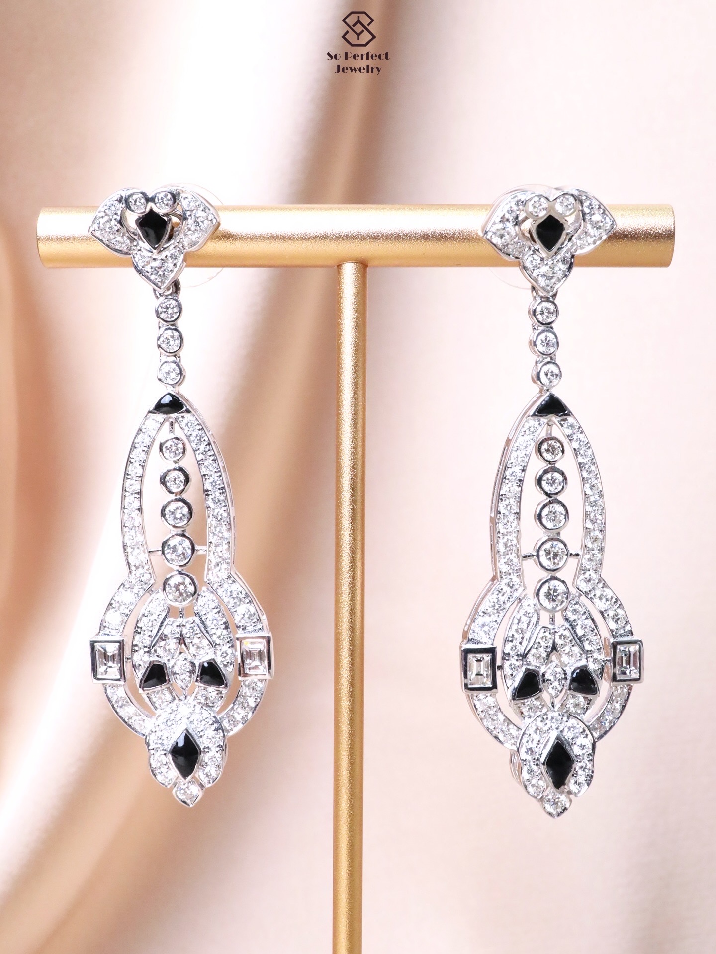 3.46 Carat Diamond and Black Enamel Art Deco Drop Earrings