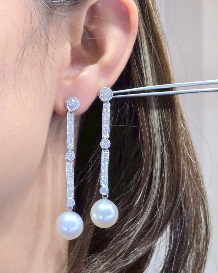 11 mm South Sea Pearl and Diamond Art Deco Drop Earrings in 18K White Gold - Image 2