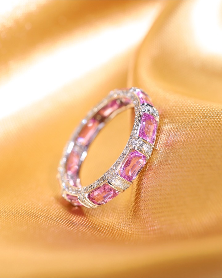 3.71 Carat Ceylon Pink Sapphire and Diamond Eternity Ring in 18K White Gold - Image 10