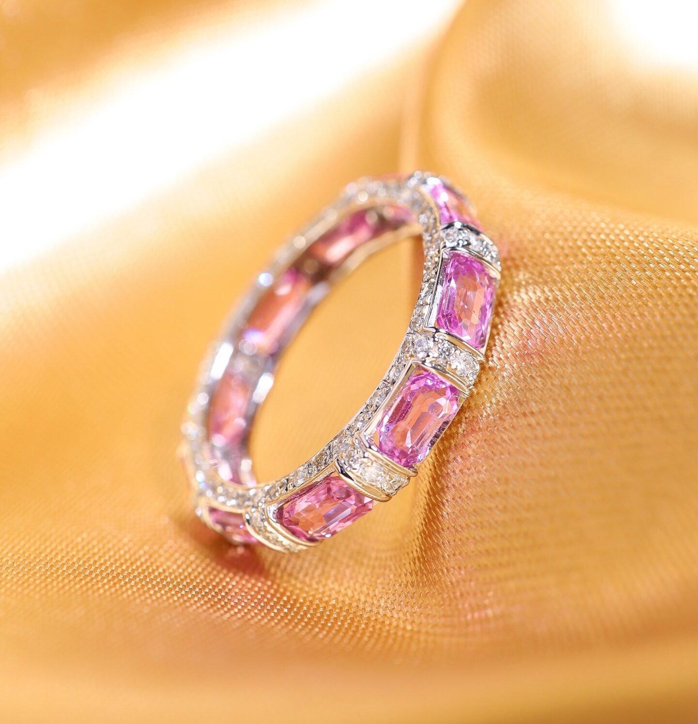 3.71 Carat Ceylon Pink Sapphire and Diamond Eternity Ring in 18K White Gold