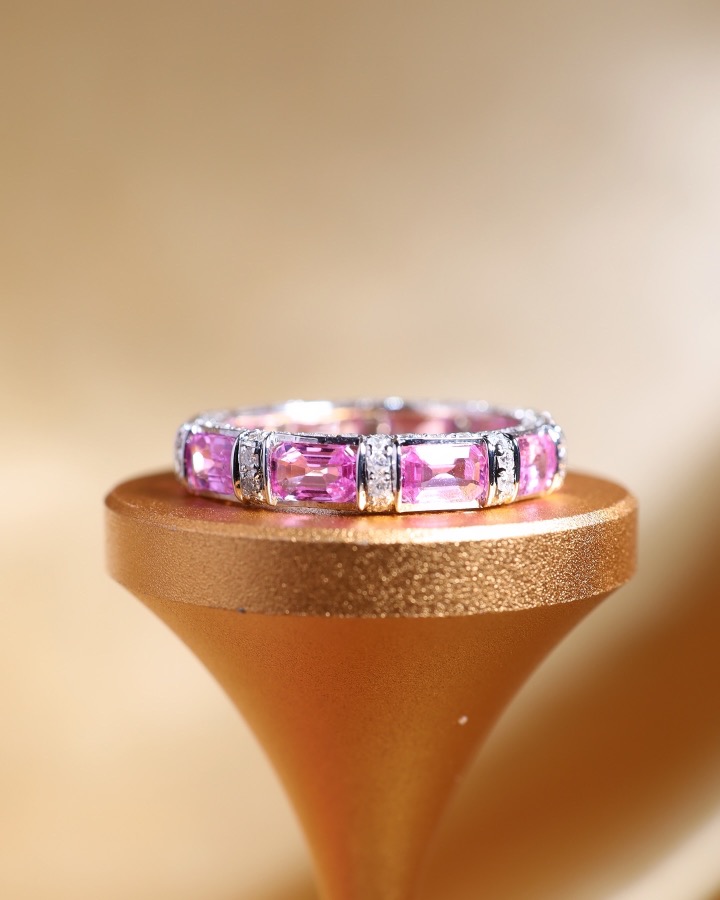 3.71 Carat Ceylon Pink Sapphire and Diamond Eternity Ring in 18K White Gold - Image 5