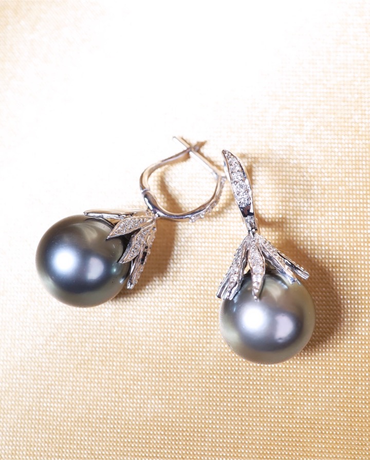 13 mm Tahitian Pearl and Diamond Drop Earrings in 18K White Gold - Image 6
