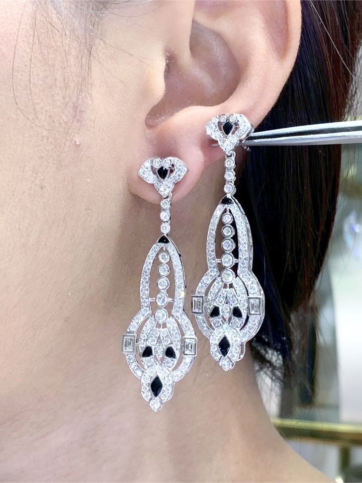 3.46 Carat Diamond and Black Enamel Art Deco Drop Earrings - Image 2