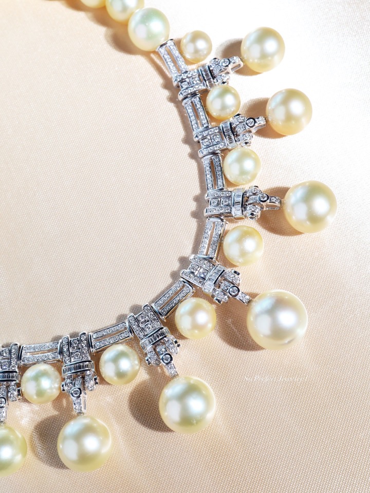 Art Deco Golden South Sea Pearl and Diamond Necklace in 18K White Gold - Image 11