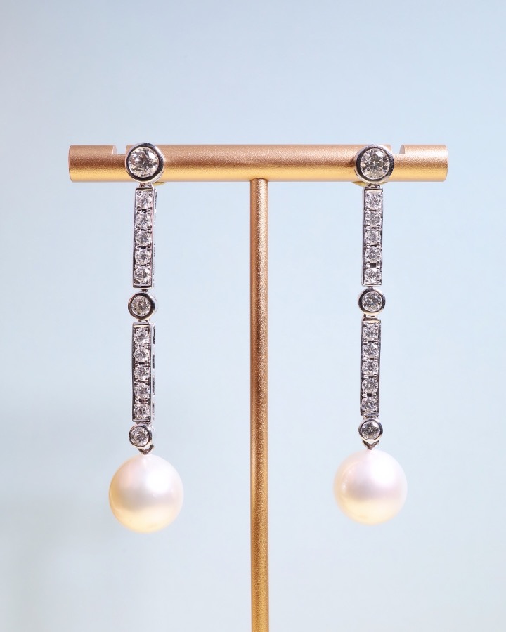 11 mm South Sea Pearl and Diamond Art Deco Drop Earrings in 18K White Gold - Image 5