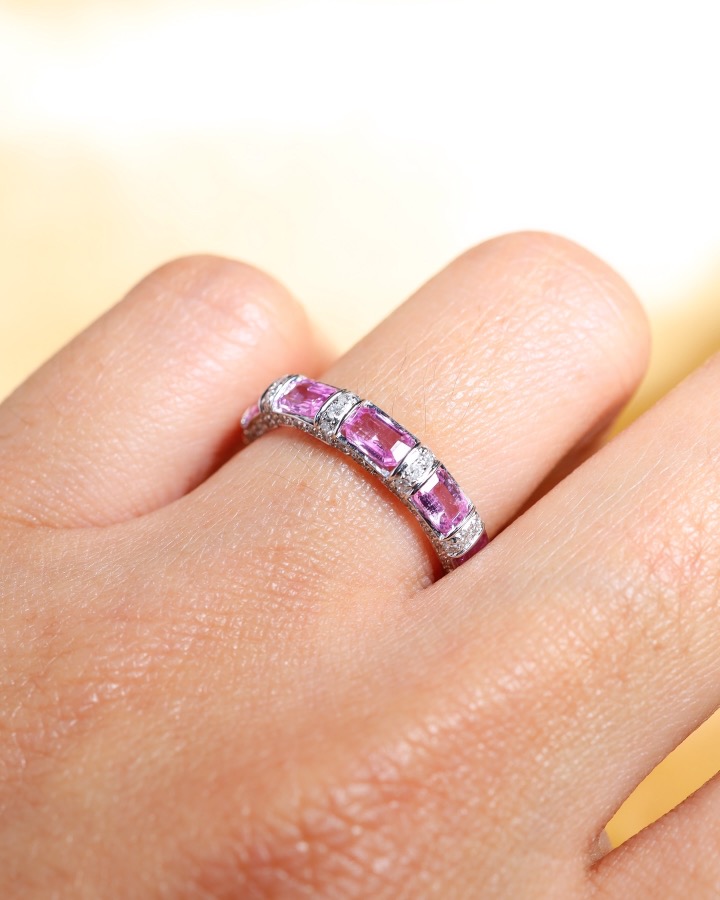 3.71 Carat Ceylon Pink Sapphire and Diamond Eternity Ring in 18K White Gold - Image 2