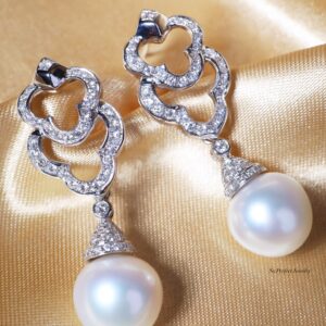 13.5 mm South Sea Pearl and Diamond Clover Drop Earrings