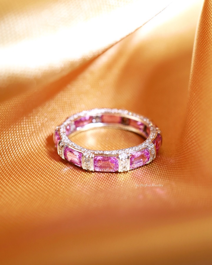3.71 Carat Ceylon Pink Sapphire and Diamond Eternity Ring in 18K White Gold - Image 3