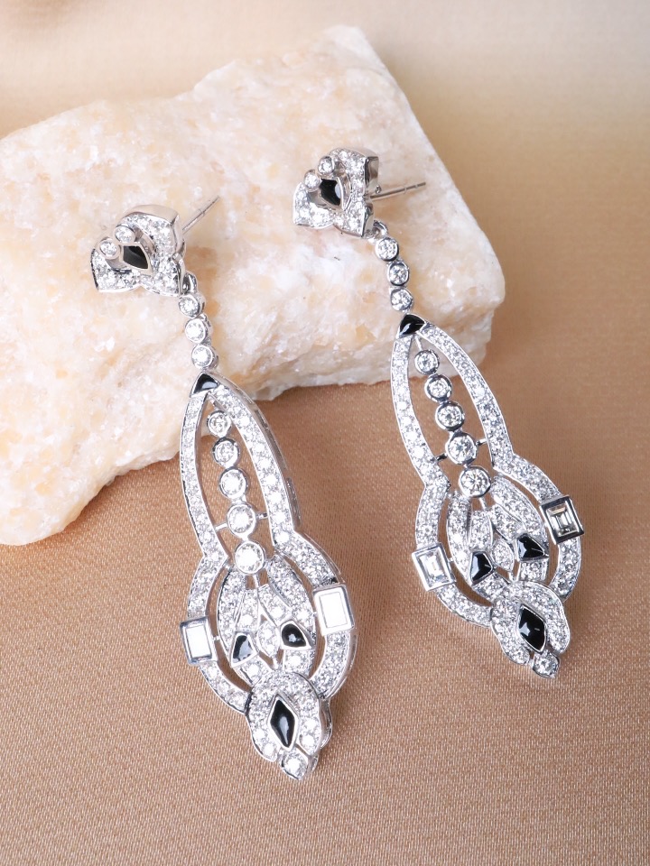 3.46 Carat Diamond and Black Enamel Art Deco Drop Earrings - Image 3