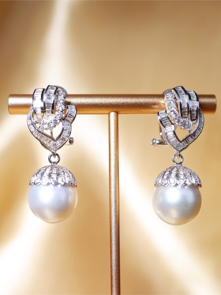 14 mm Australian South Sea Pearl and Diamond Drop Earrings in 18K White Gold - Image 11