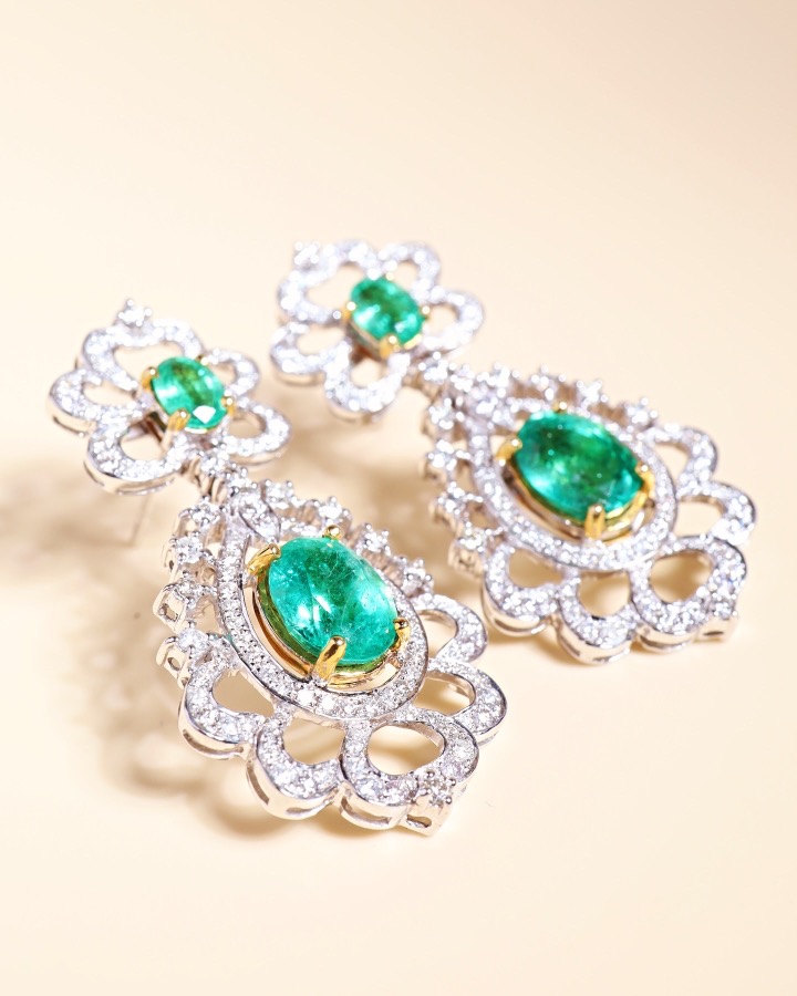 7.51 Carat Zambian Emerald and Diamond Floral Chandelier Earrings - Image 10