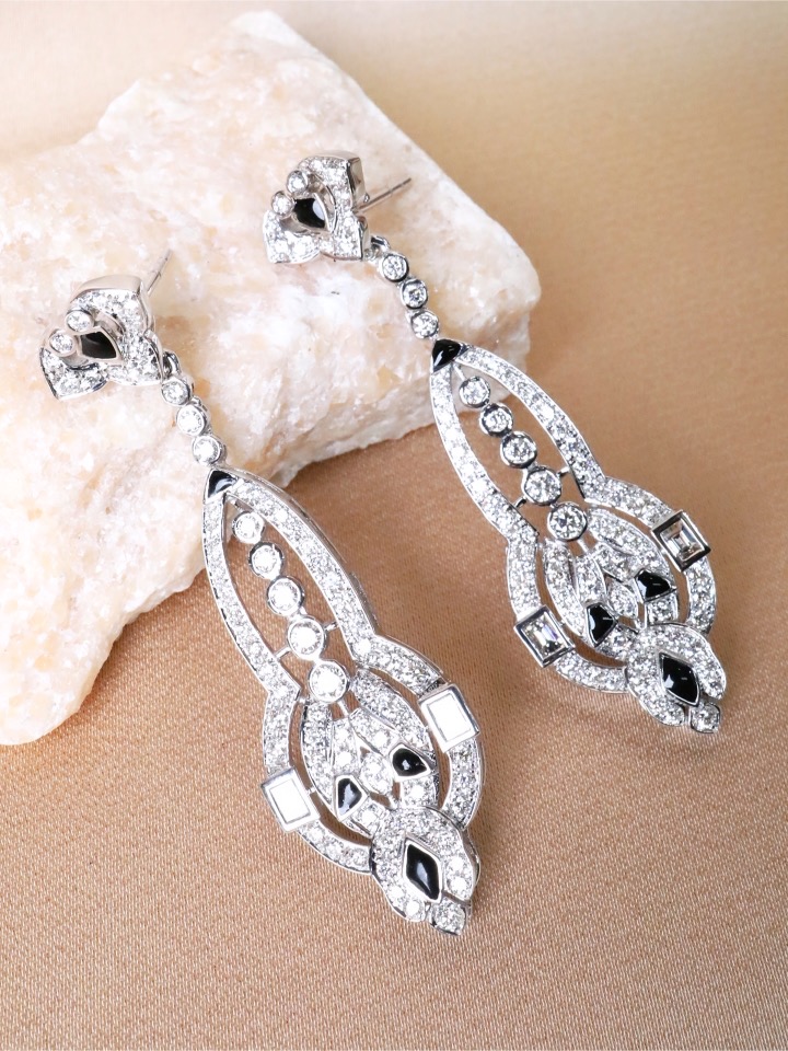 3.46 Carat Diamond and Black Enamel Art Deco Drop Earrings - Image 4