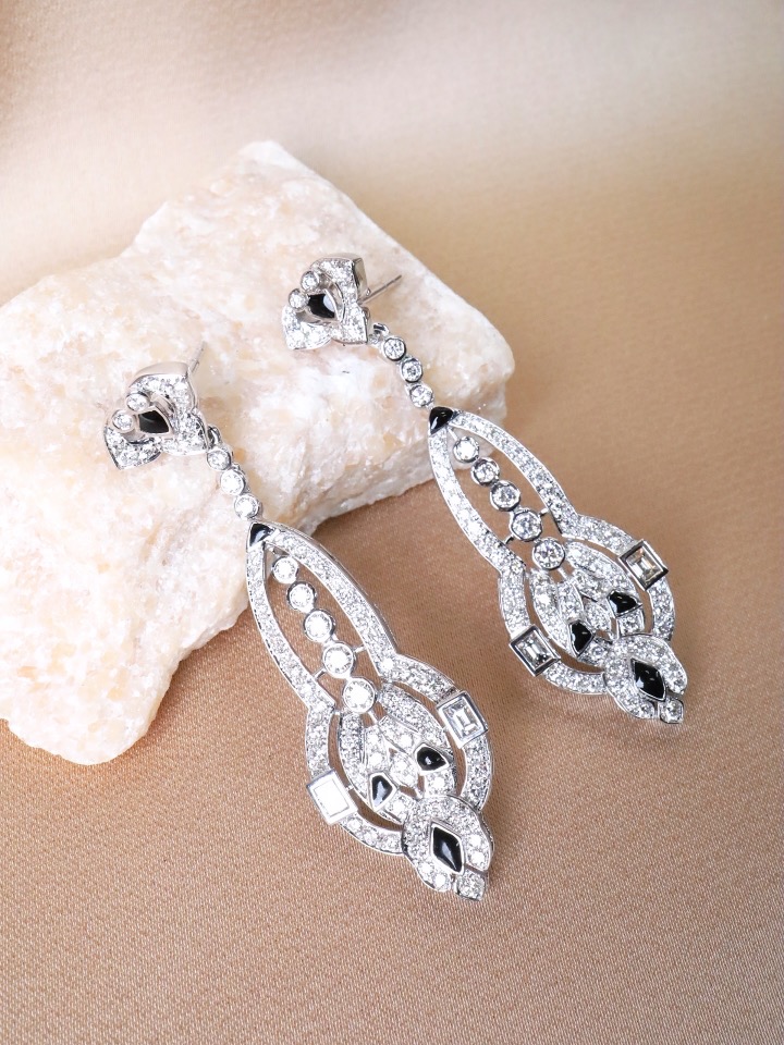 3.46 Carat Diamond and Black Enamel Art Deco Drop Earrings - Image 5