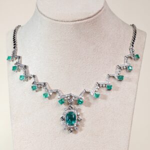 18.63 Carat Zambian Emerald and Diamond Statement Necklace in 18K White Gold