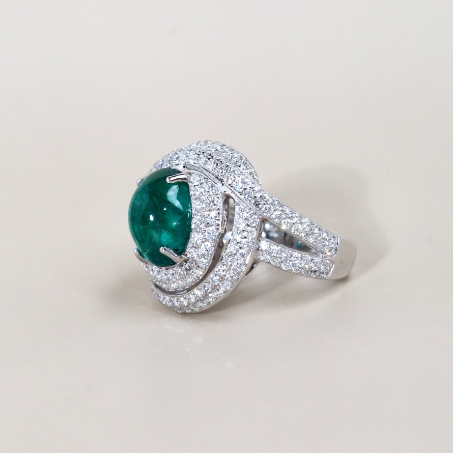 4.52 Carat Zambian Cabochon Emerald and Diamond Ring in 18K White Gold - Image 12