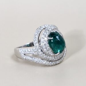 4.52 Carat Zambian Cabochon Emerald and Diamond Ring in 18K White Gold