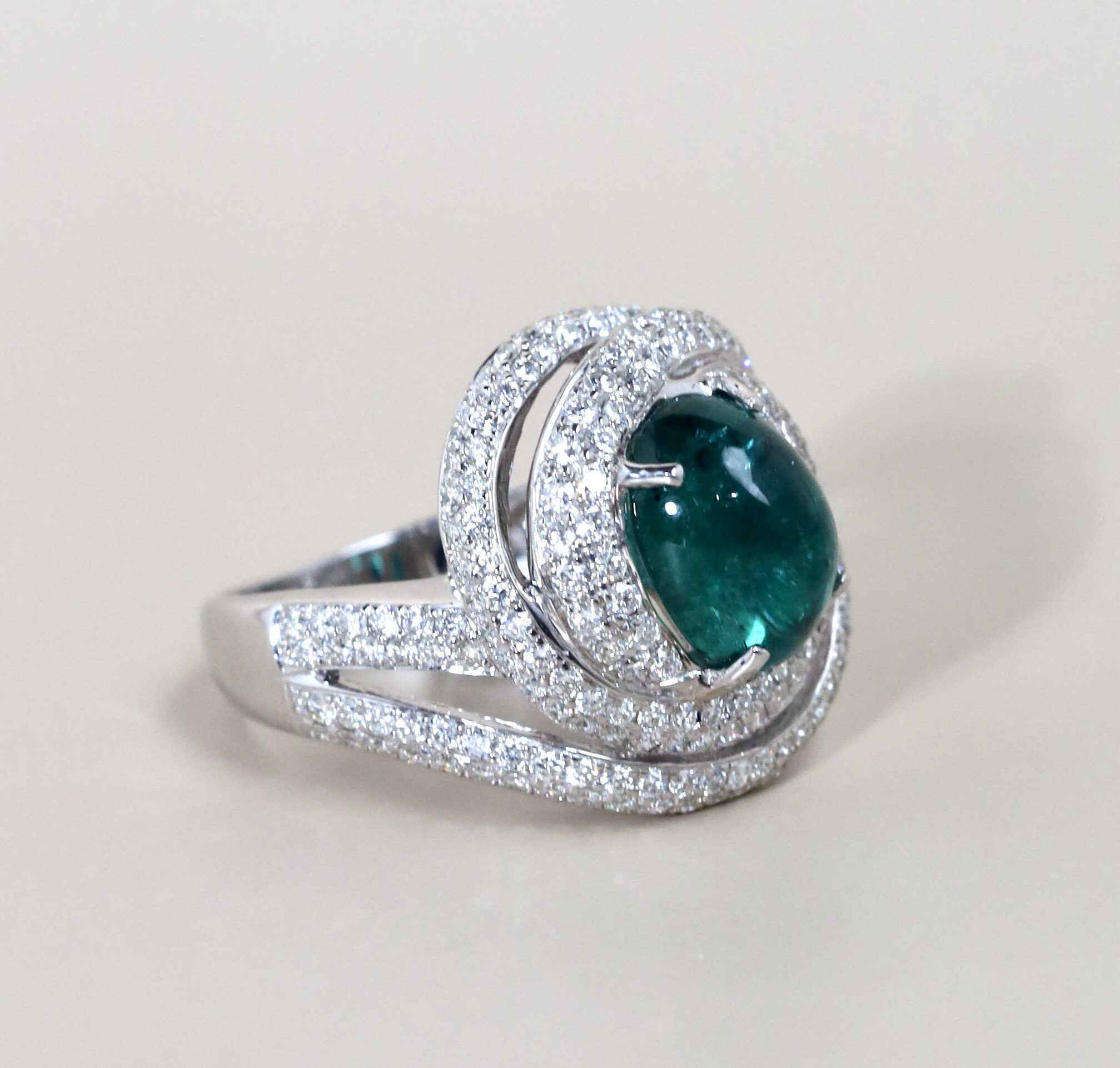 4.52 Carat Zambian Cabochon Emerald and Diamond Ring in 18K White Gold