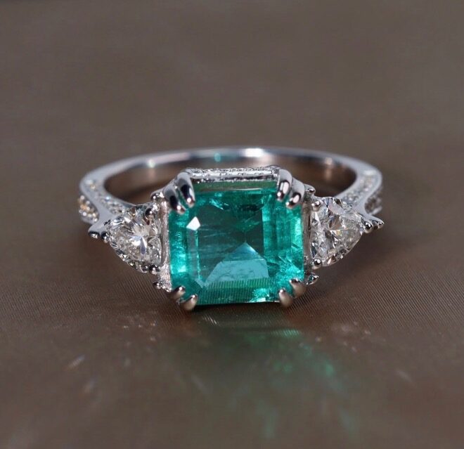2.71 Carat Zambian Emerald and Diamond Three-Stone Ring in 18K White Gold