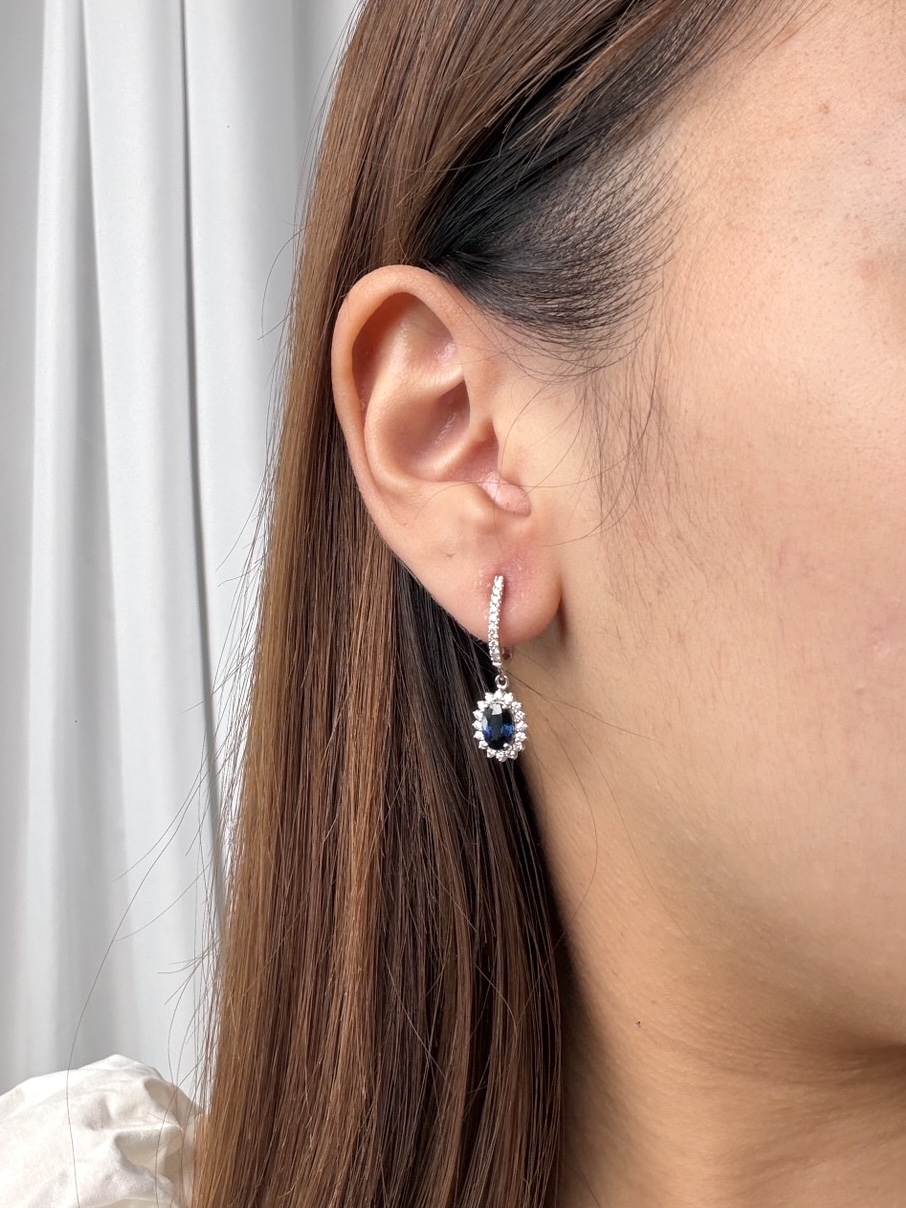Chic Natural Blue Sapphires with Diamonds in 18K White Gold Hoop Earrings - Image 2