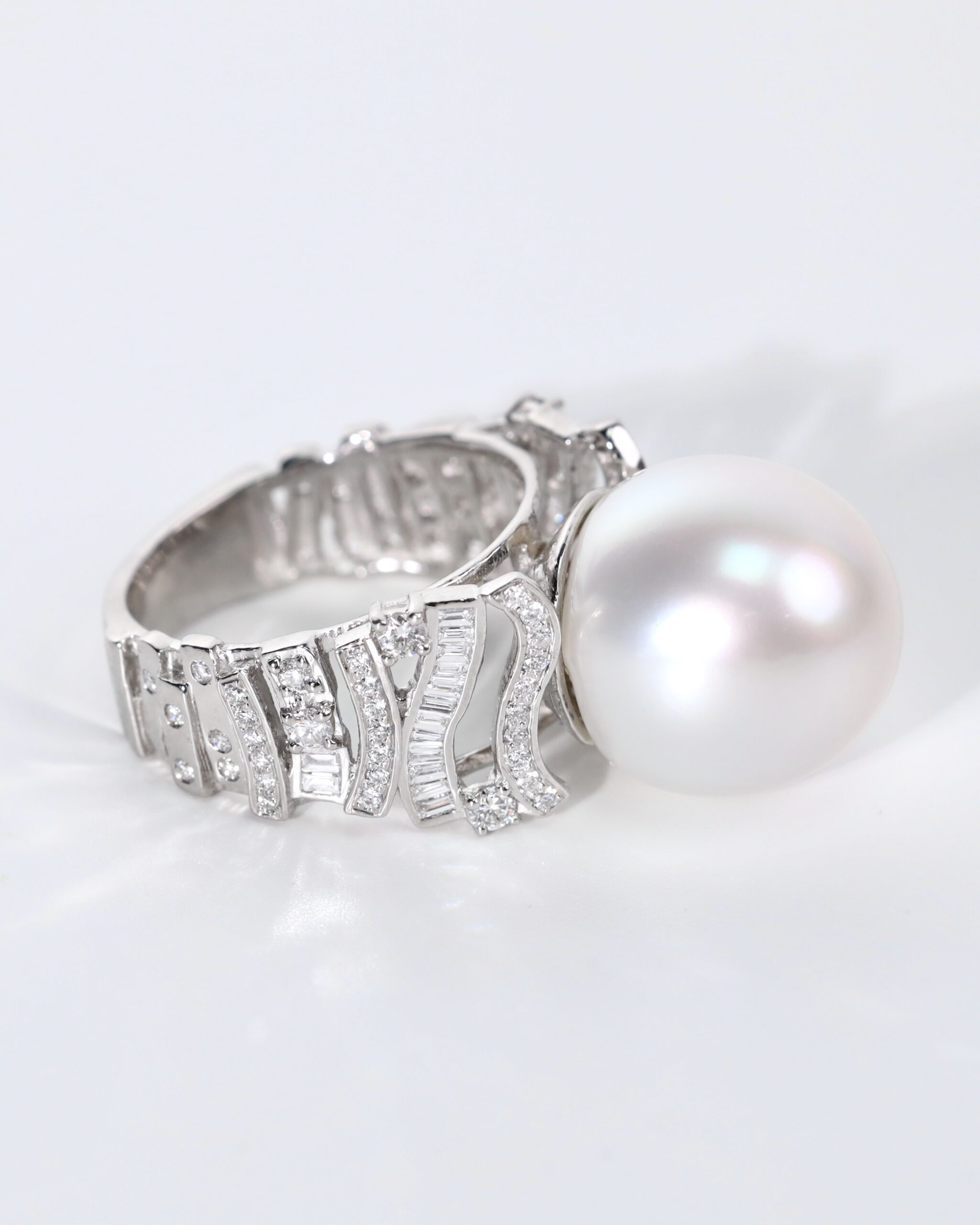 14 mm White South Sea Pearl and Diamond Ring in 18K White Gold