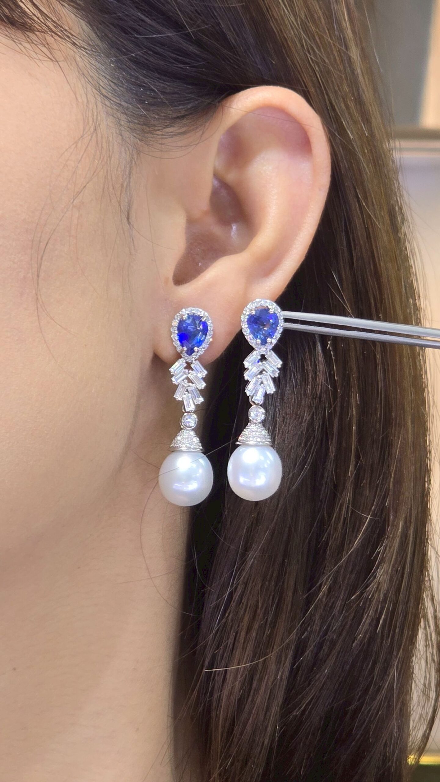 Ceylon Blue Sapphire, South Sea Pearl and Diamond Drop Earrings - Image 2