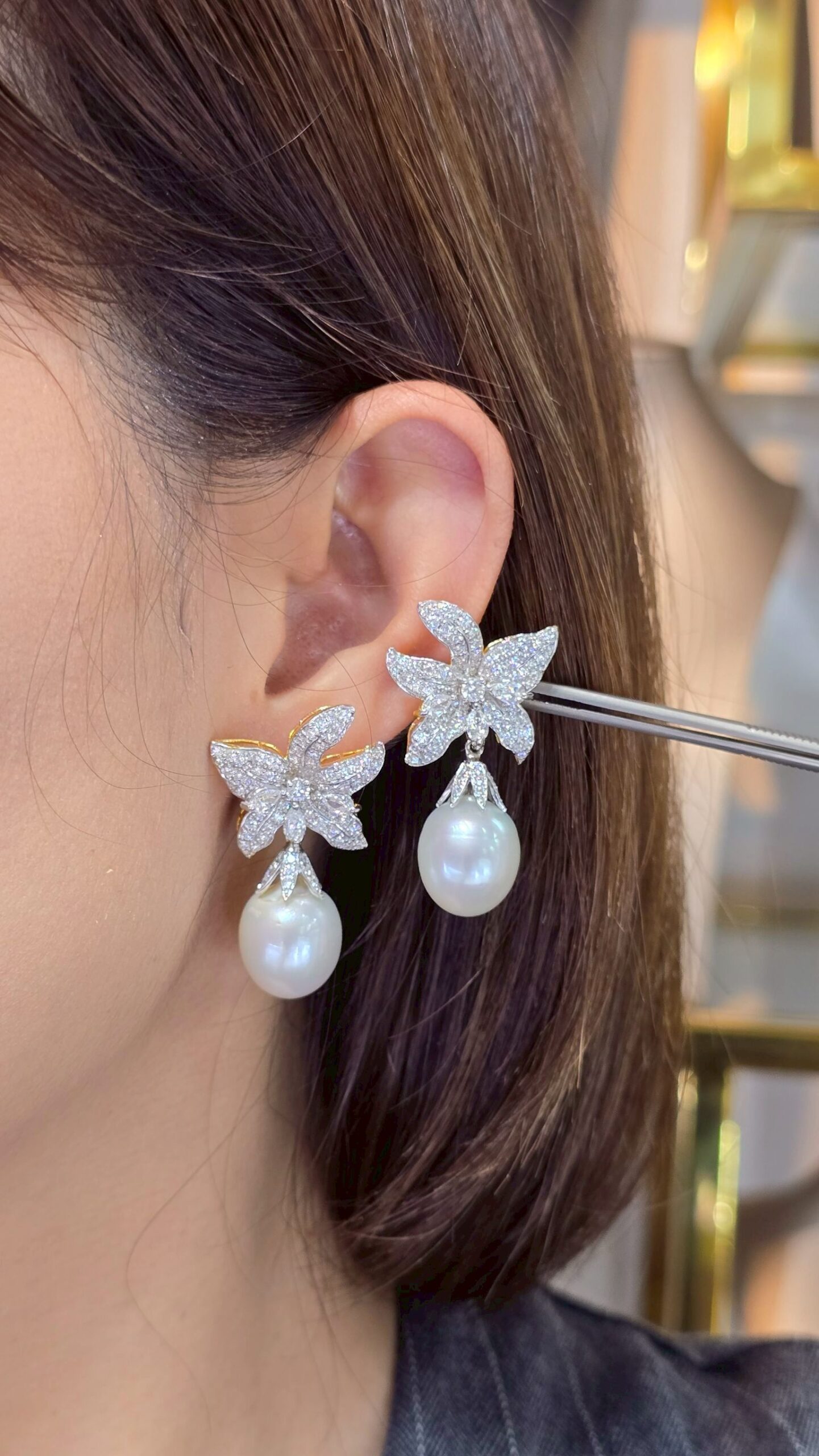 South Sea Pearl and Diamond Floral Earrings in 18K White Gold - Image 2