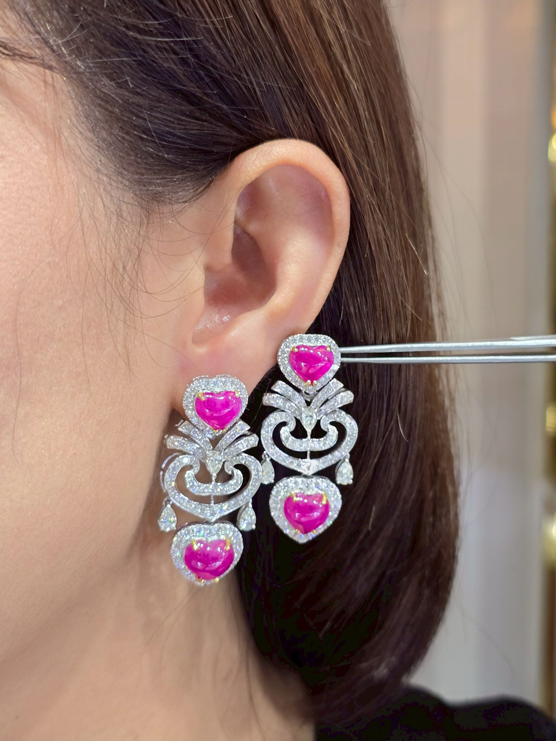13.30 Carat Heart-Shaped Burmese Ruby and Diamond Chandelier Earrings - Image 2