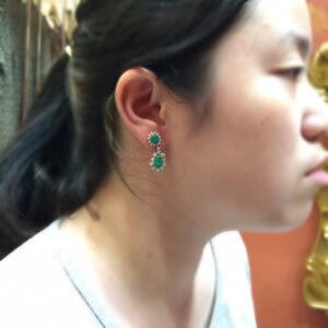 6.30TCW Colombian Emeralds Cabochon & Diamonds in 18K White Gold Dangle Earrings