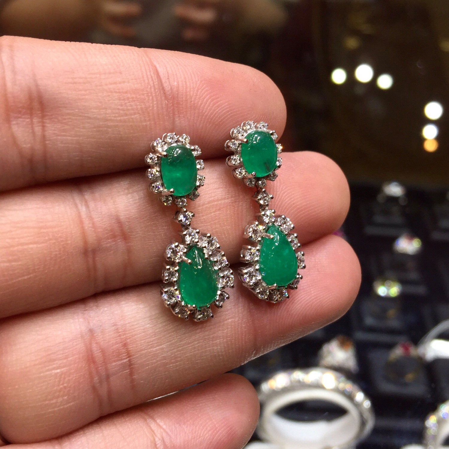6.30TCW Colombian Emeralds Cabochon & Diamonds in 18K White Gold Dangle Earrings - Image 2