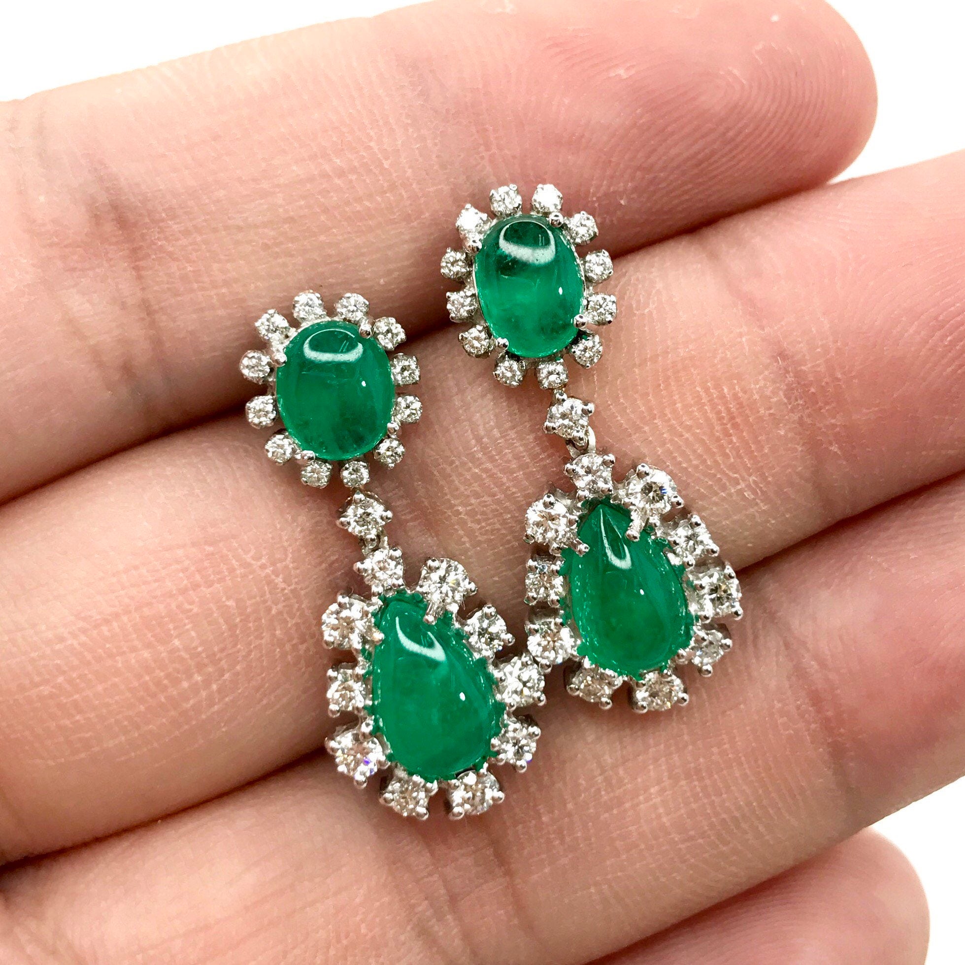 6.30TCW Colombian Emeralds Cabochon & Diamonds in 18K White Gold Dangle Earrings - Image 4