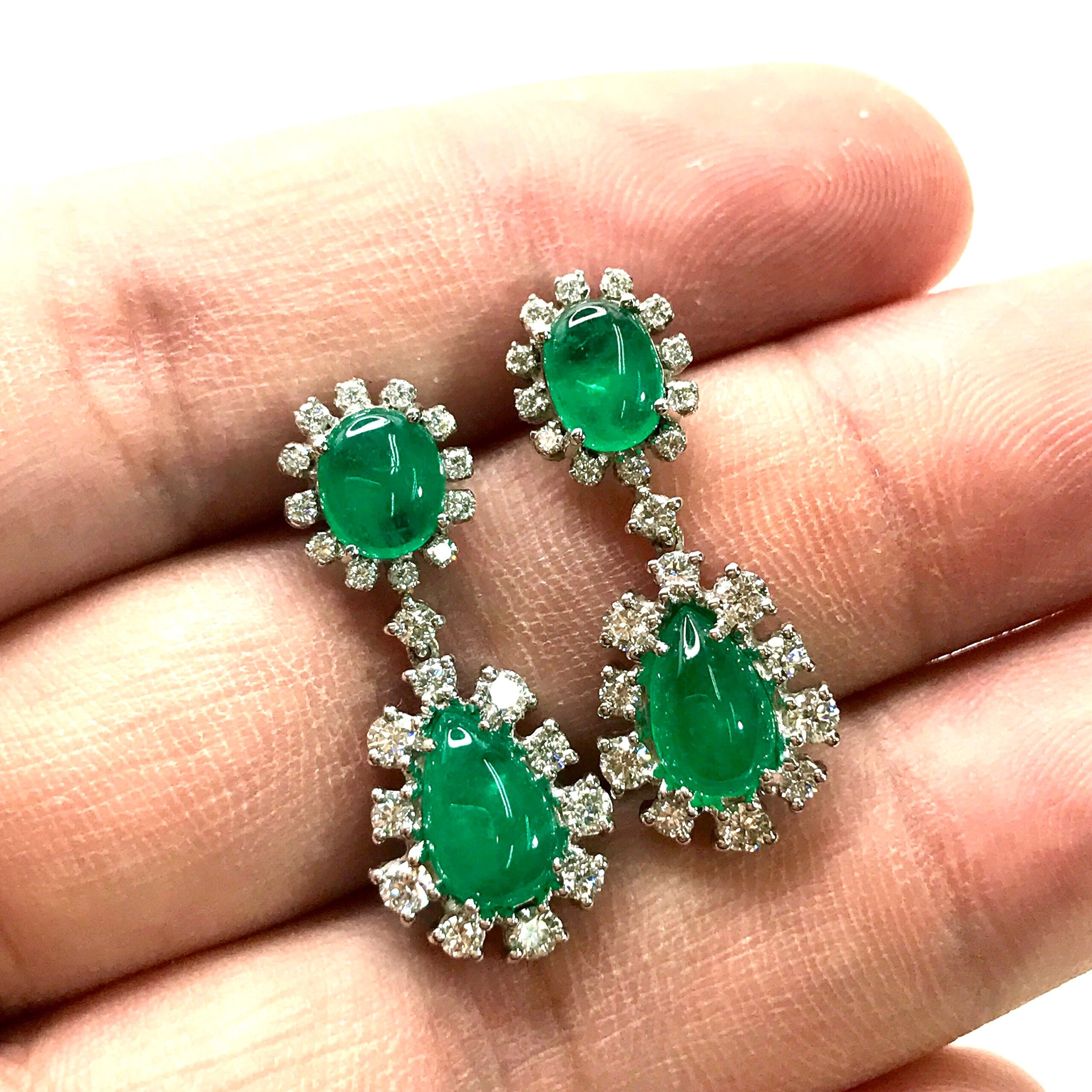 6.30TCW Colombian Emeralds Cabochon & Diamonds in 18K White Gold Dangle Earrings - Image 5