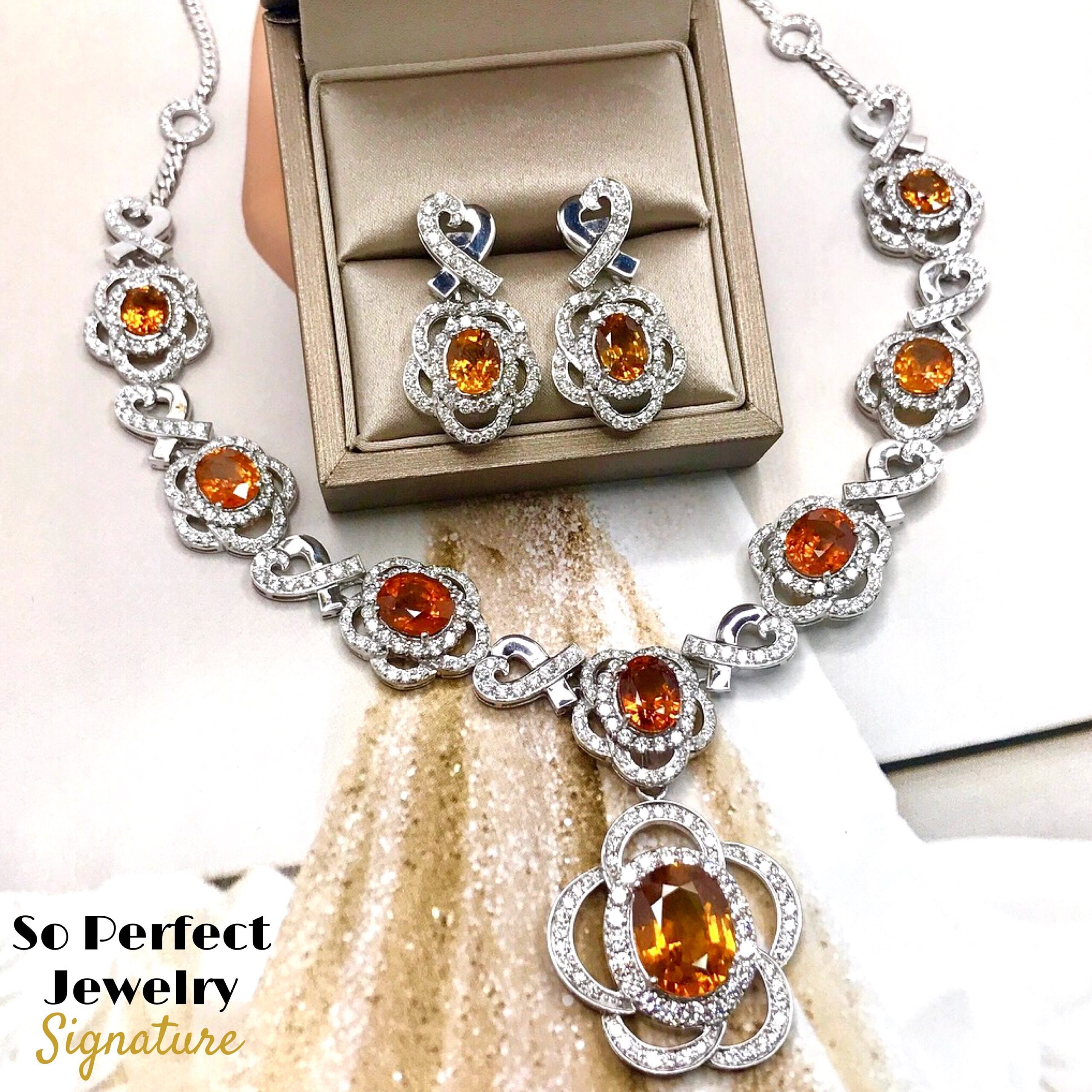 HUGE SET! 54.47TCW Yellow Sapphire & VS Diamonds in 18K White Gold Necklace Earrings Pendant