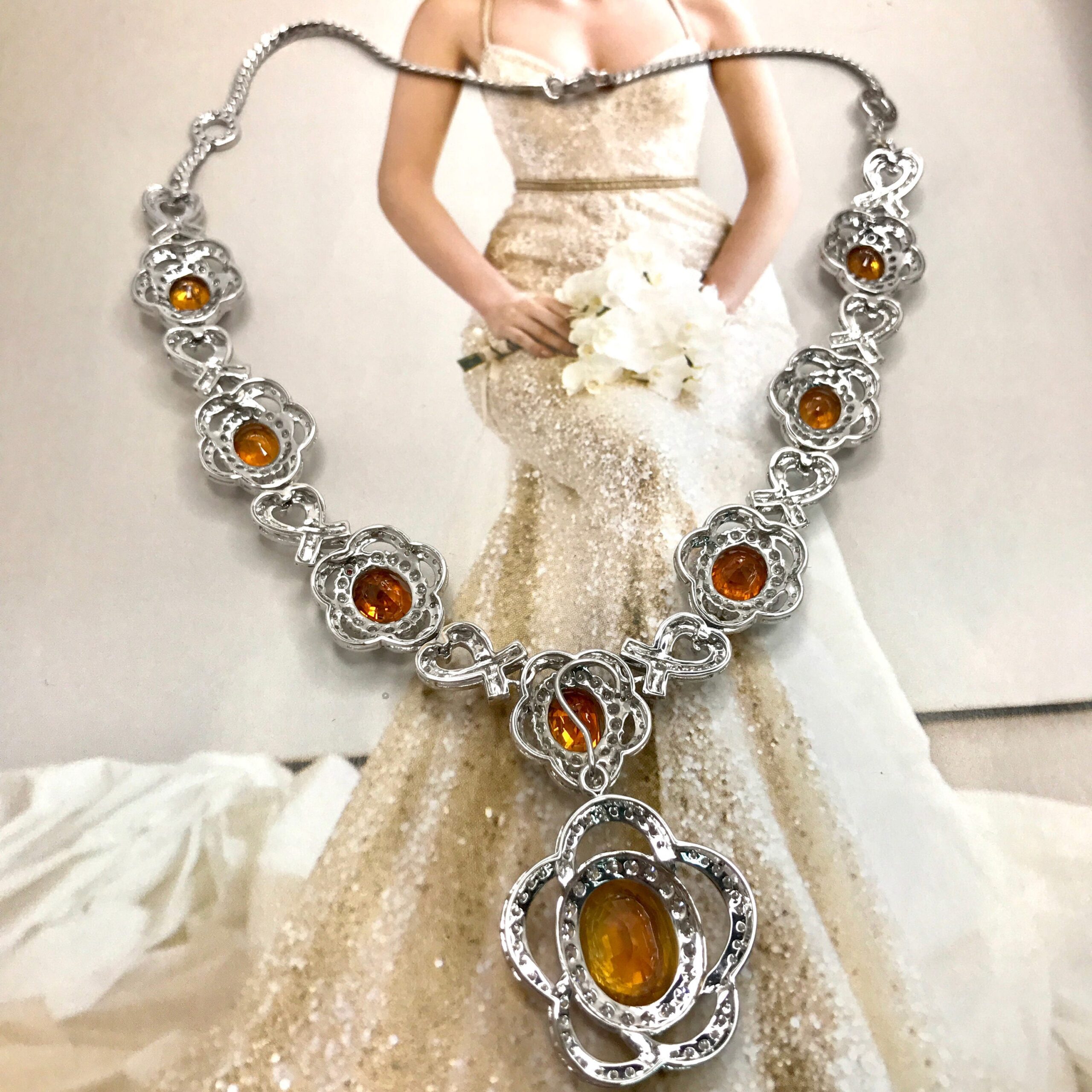HUGE SET! 54.47TCW Yellow Sapphire & VS Diamonds in 18K White Gold Necklace Earrings Pendant - Image 4