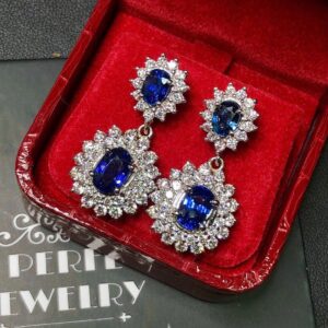 CEYLON 8.40TCW Blue Sapphire & VS Diamonds in 18K Solid White Gold Dangle Earrings