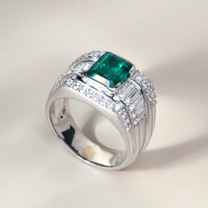 3.36 Carat Zambian Emerald and Diamond Unisex Ring in 18K White Gold